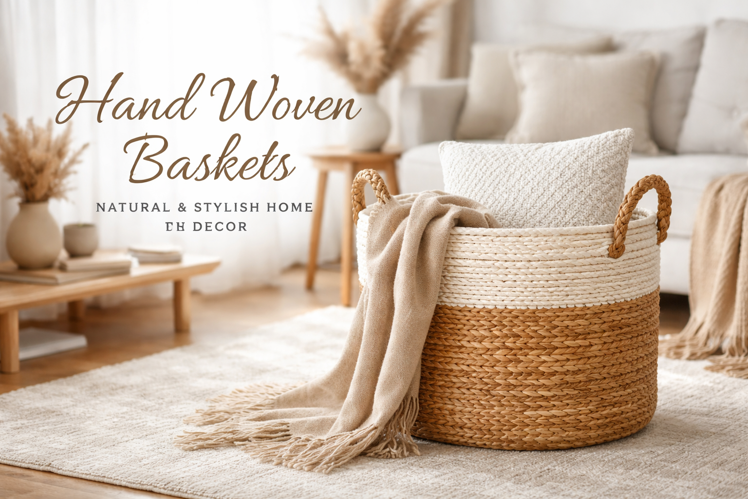 Hand-woven seagrass basket beside a terracotta pot in warm window light